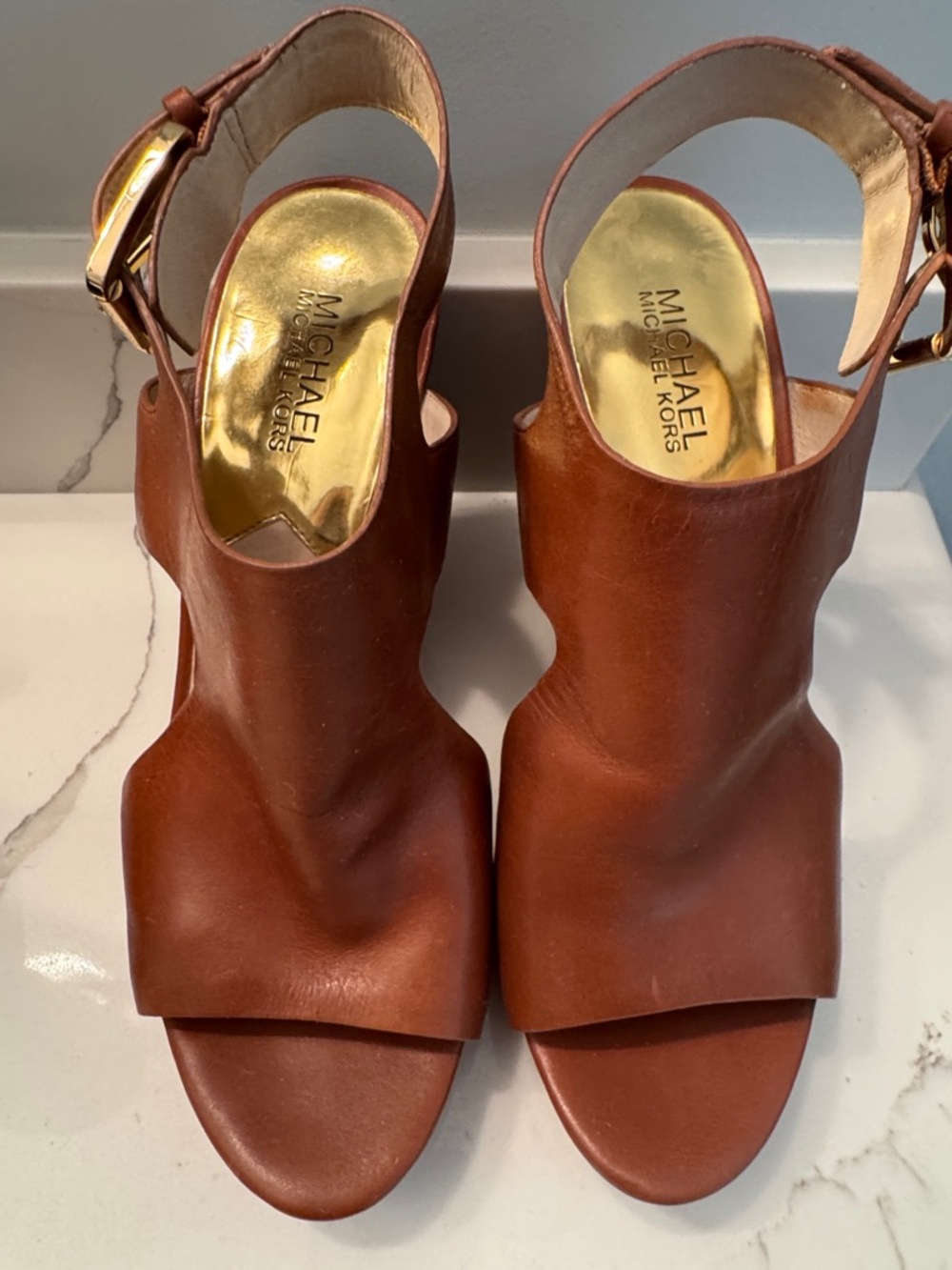 Michael Kors Cognac Brown Leather Open-Toe Slingback Heels